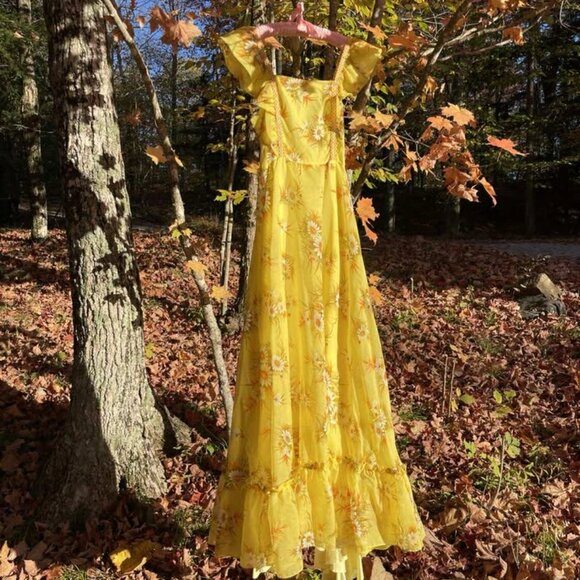1960s Vintage Daisy Gown Dress Golden Yellow Floral Chiffon Dress Small Sz 4 - Picture 10 of 10